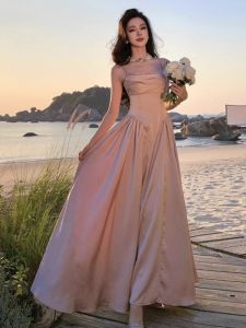 Elegant Lady Long Dress Slimming Waistline Summer Beach Photography Maxi Skirt Retro Style High Waist Gathered A-Line Dress