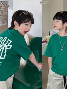 Cool Baby Boy Short Sleeve T-Shirt Green Cotton Casual Top for Children Teenagers Kids Fashion Brand Letter Print Sweatshirt