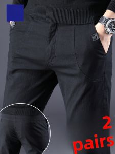 ROMON | Romon Mens Slim Fit Cotton Trousers Business Casual Elastic Waist Black Pure Color Autumn Fashion Urban Style Long Pants