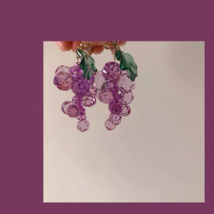 Adorable Japanese Style Fruit Purple Crystal Grape Earrings for Women Korean Sweet  Long Ear Pendants Fashionable Jewelry Clips