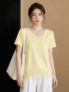 AIYITI | Áo Thun V-Neck Ren Vàng cho Phụ Nữ Cỡ Lớn Che Bụng