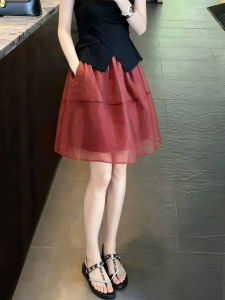 TIANQIANHUI | Chân Váy Mini A-line Cao Waist Đỏ Mesh Cho Người Bé
