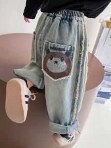 Girls Cartoon Printed Soft Denim Jeans Casual Trousers for Spring Autumn Kids Clothing Velvet Fabric Long Pants Polyester
