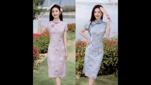 Elegant Faux Silk Blue Retro Midi Cheongsam 1043-70