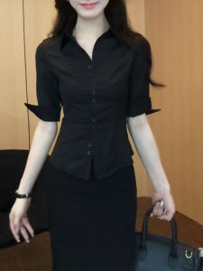 Áo sơ mi nữ Binkafenny thiết kế dáng ôm màu đen cổ chữ V