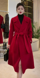 เสื้อแจ็คเก็ตผ้าขนสัตว์สีแดงฤดูใบไม้ร่วง/ฤดูหนาว เสื้อคลุมยาวทรงเข้ารูปสไตล์ชุดเจ้าสาว สไตล์สตรีท คอปกสูง เสื้อคลุมยาวปานกลาง