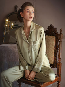 Womens Long Sleeve Ice Silk Thin Home Clothes Sleepwear Set Spring Autumn Large Size Can Be Worn outside Polyester Fiber