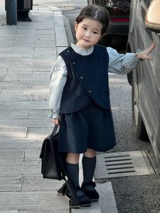 Bộ Đồ Hai Mảnh Nhung Kẻ Cho Bé Gái Mùa Thu Có Áo Vest Và Quần Dài Màu Trơn Thanh Lịch Thường Ngày