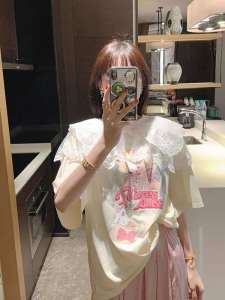 Sweet Princess Print Short Sleeve T-Shirt Dongda Gate 2025 Summer New Lace Design Doll Collar Korean Style Casual Loose Fit