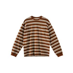 Buttbill Mens Loose Fit Long Sleeve T-Shirt Retro Striped Crew Neck round Neck Tee Casual Japanese Style Couples T-Shirt