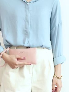 Simple Solid Color Thin Long Wallet PU Leather Large Capacity Zipper Wallet Classic Fashion Womens Handbag Can Hold Mobile Phone