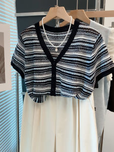 JIANDIYA | Striped V-neck Lace Loose Knit Sweater Top