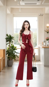 เสื้อสายเดี่ยวแมงกระพรุน เซ็ต2ชิ้น สีพื้น สายปรับได้ ดีไซน์ผูกอก หลังสม็อคยางยืด+กางเกงขายาว ขาม้า ผ้าโพลิเอสเตอร์ ชุดไปผับ #2112