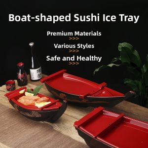 Korean Japanese Sushi Boat Black Sashimi Boat Seafood Platter Salmon Raw Fish Dish Icicle Plastic Dinnerware Adult 10 Inch