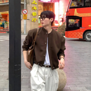 DAVID&ME | Brown Melange Short Drawstring Retro Stylish Baseball Jacket