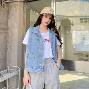Casual Loose Womens Denim Vest Sleeveless Spring Summer New Design Sense Outerwear Top Button Pocket Pure Color Polo Collar