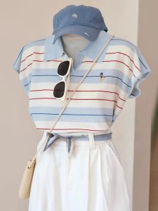 Korean Style  Color Block Stripe Polo Neck Top Women Summer Design Embroidery Anti-Aging Miniature Sleeve Knitted Sweater
