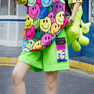 YHAY Spring Summer Colorful Fluorescent Badge Patch Loose Casual Sport Five-Quarter Shorts Asymmetrical Original Straight Leg Pants for Women