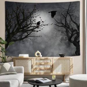 VIKAMA Dark Forest Raven Tapestry Gothic Style Dead Tree Mist Double Raven Disc Bedroom Living Room Dark Wind Decoration