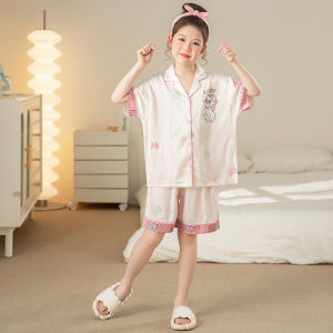 MiiOW | Kids Summer Sleepwear Ice Silk Short Sleeve Shorts Home Clothes Set Cartoon Teenage Girls Comfortable Breathable Polyester Fiber