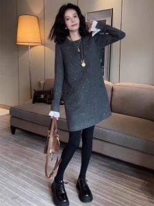 British Gold Style Jumper Dress Women 2024 Winter New Starry Sky Cut Sleeve Mid-Length Loose Dress Fashion