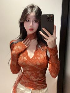 GUZILIAN | Slimming Lace Long Sleeve V-neck Design Sensual Base Shirt Korean Style Commute Fashion Bellini Ribbon Detail Top For Young Women