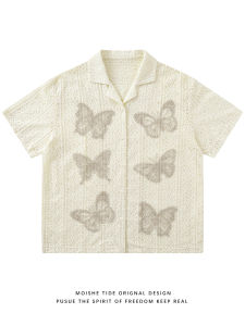 Retro Butterfly Hook Flower Hollow Design Short Sleeve Loose Couple Shirts Men Women Summer Lightweight Polyester Fiber