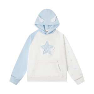 American Style Patchwork Star Small Wings Hoodie Womens Loose Casual Shoulder Sleeve Upper Apparel Trendy Spring Autumn