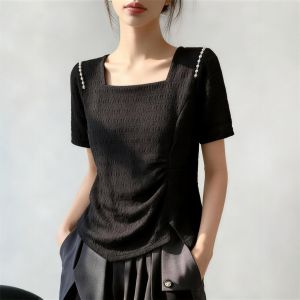 Áo Thun Tay Ngắn Cổ Vuông Kiểu Pháp Thiết Kế Giảm Cân