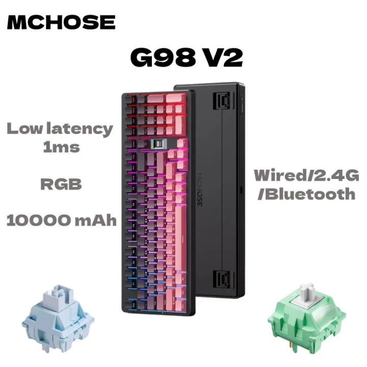 MCHOSE | MCHOSE G98 V2 Wireless Mechanical Gaming Keyboard Tri-Mode Custom Hot Swappable Gasket Linear Switches PBT Keycaps RGB LED