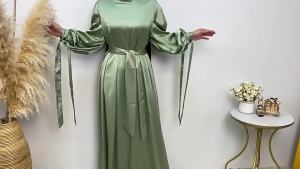 Fashion Womens Muslim Dress Hijab Arabic Pleated Abaya Dubai Balloon Sleeve with Ribbon Islamic Dress With belt wy1589