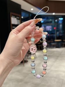 Womens Mobile Phone Chain Crystal Beads Bear Handmade Bracelet Anti-Lost Phone Case Decorations Short Rope Wristband