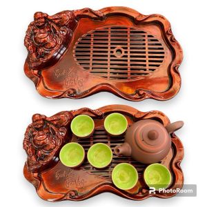 Khay trà dáng Phật Di Lặc nhựa giả vân gỗ sang trọng cao cấp khay đựng ấm chén cao cấp