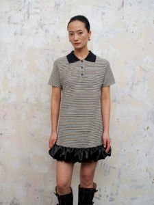 TakeCare Caution POLO Collar Knitted Dress Glittery Striped A-Line Silhouette Spring Summer Womens Fashion Casual Dress
