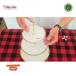 Khay bánh sứ viền vàng trang trí bánh hoa quả bày bàn tiệc 3 tầng