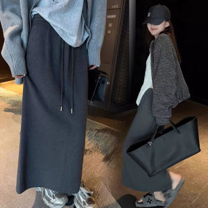 กระโปรงยาวคลุมสะโพกสำหรับผู้หญิงตั้งครรภ์ ทรงตรง ผ้าถัก ฤดูใบไม้ร่วง/ฤดูหนาว กระโปรงสั้นผูกเชือก กระโปรงทรงเอ เอวสูง ทรงเข้ารูป