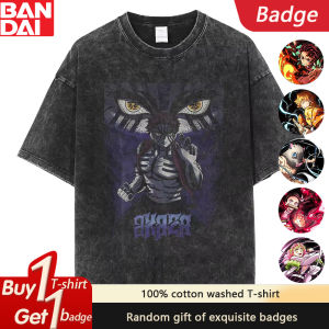 Demon Slayer Anime Douma Print Retro Washed T-shirt Summer Pure Cotton Mens and Womens Plus Size Loose Casual sleeved top