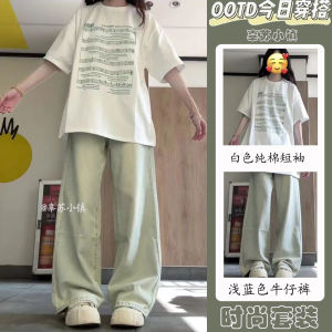 Korean Style Summer Set Sweet Cool Loose Feelings Womens Cotton Short Sleeve T-Shirt Jeans Fashionable Two-Piece Suit