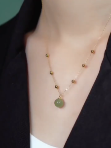 LL 18K gold titanium steel Natural Hotan Jade fashion design Single round love Necklace N8091