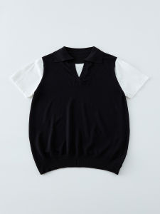 OUMULONG | Summer Breathable Contrast Color Patchwork Fake Layered Knitted Shirt Short Sleeve