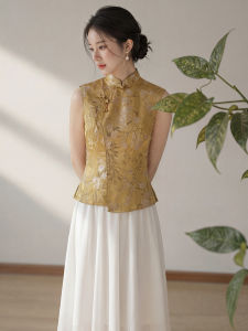 New Chinese Style Yellow Embroidered Sleeveless Dress Female Spring Summer New Design Elegant Pseudo Two Pieces