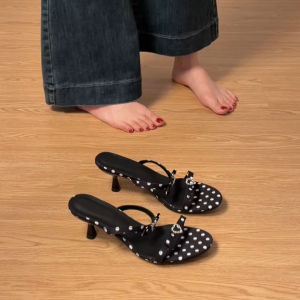 FANGXI | French Style Polka Dot Round Toe Peep Open Heel Fine High Heels Summer Slippers
