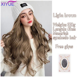 Synthetic Beige Hat Wig Beanies Hat With Hair Wigs For Women Synthetic Long curly hair Warm Ski Plush Knitted Autumn Winter Cap