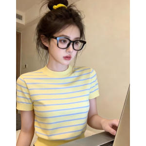 HUOLISI | Summer Yellow Stripe Slim-fit Knit T-shirt Round Neck