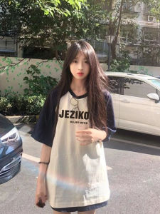 American Street Patchwork Raglan Short Sleeve T-shirt Womens Summer Loose Oversize Preppy Style Age-Reducing Half Sleeve Tops