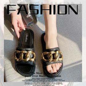 NQshop สุดคุ้ม รองเท้าแตะแฟชั่น ดีเทลน่ารักแต่งโซ่ทอง สวยเท้าเรียวไม่บาดเท้า มีสีให้เลือก2สีใส่ได้ทุกโอกาสสาวๆต้องมี