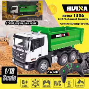 RC 2.4Ghz Dump Truck Huina 1556 skala 1:18 mainan mobil remot kontrol truk kontruksi paket lengkap siap pakai