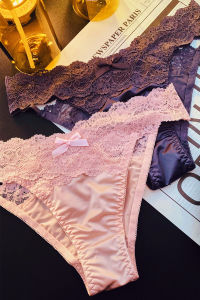 กางเกงชั้นในผ้าซาตินลูกไม้เซ็กซี่เอวต่ำสำหรับผู้หญิง กางเกงชั้นในผ้าไหมน้ำแข็งสไตล์ฝรั่งเศส กางเกงชั้นในผ้าฝ้ายสำหรับผู้หญิง 3 ตัว