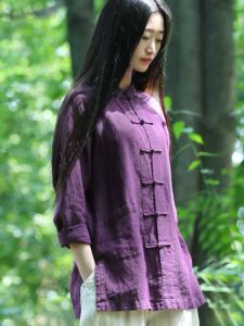 High-End Long Sleeve Cotton Linen Womens Pure Color Button-Up Shirt Sand Washed Retro Zen Chinese Style Top Womens Fashion