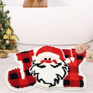 VIKAMA Irregular Santa Rug Soft Xmas Holiday Print Non Slip Absorbent Mat For Entryway Bedroom Xmas Decor